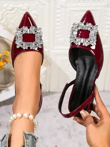 New Women's Artificial Crystal Decorated Pointed Toe Flats, Valentine's Day Rhinestone Details, Comfortable Party Shoes Footwear