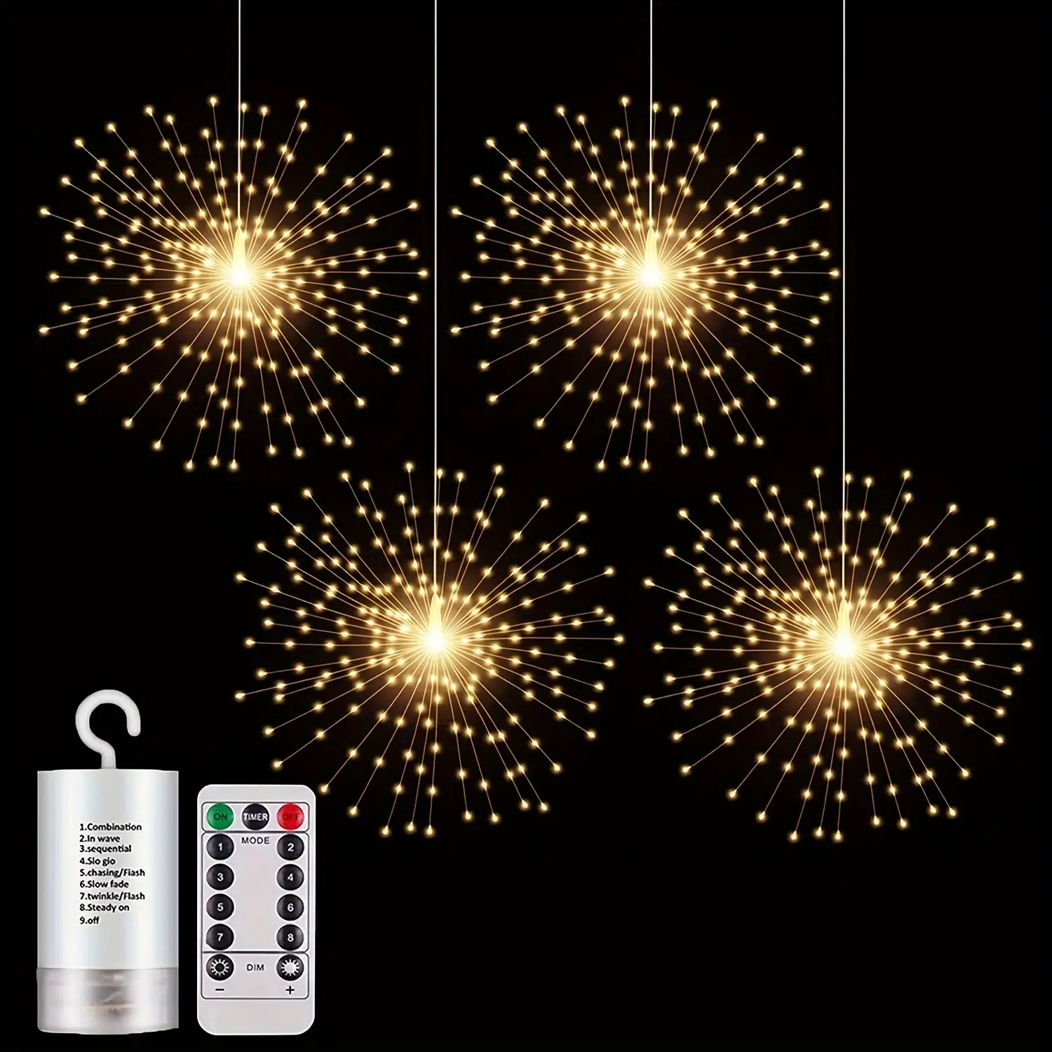 New 4 Pack Starburst Sphere Lights 800 LED Firework Lights 8 Modes Dimmable Remote Control Waterproof Hanging Fairy Light Copper Wire Lights for Patio Parties Christmas  (Battery Operated)