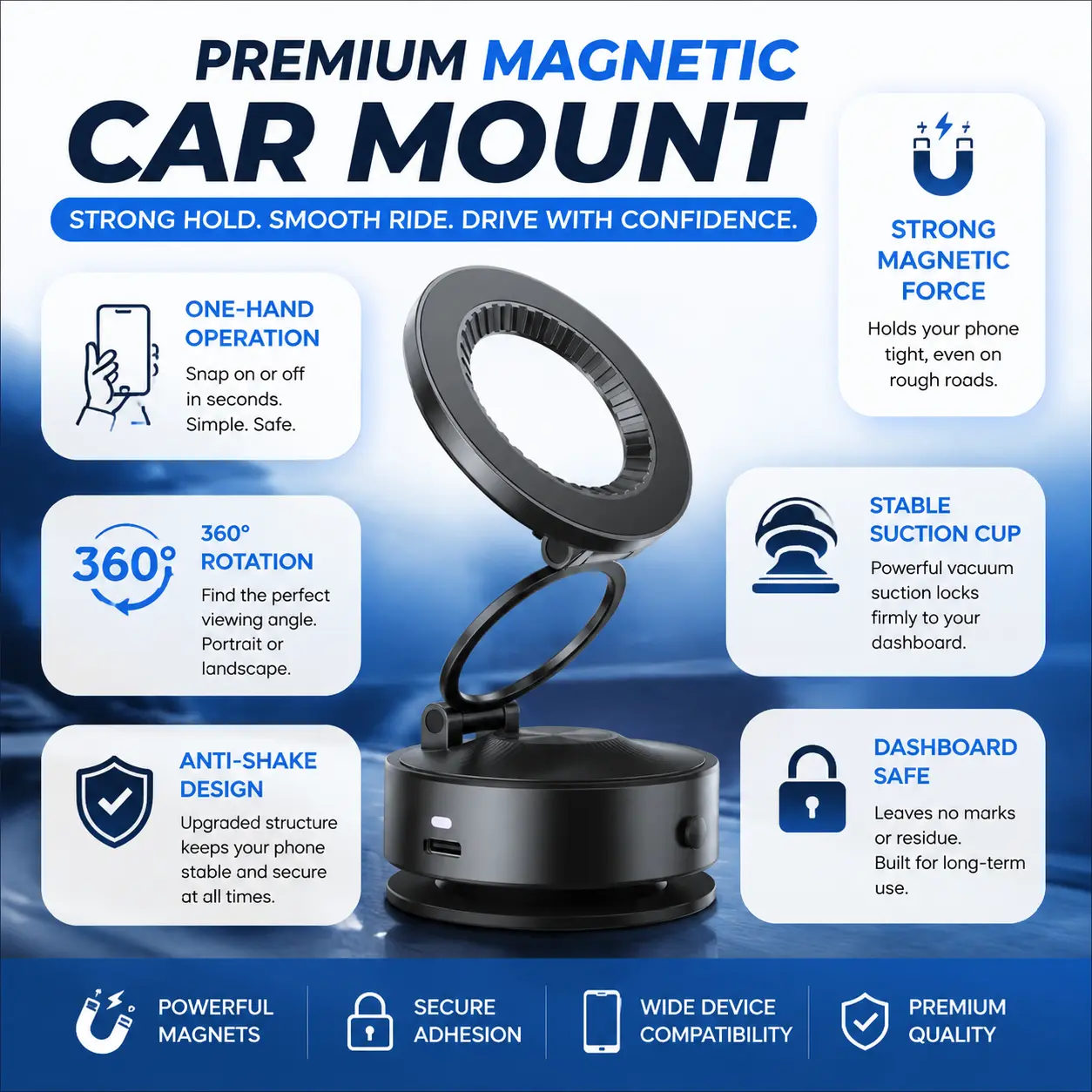 360° MagSafe Car Phone Mount | 20 N52 Magnets | Vacuum Suction Cup | One-Touch Lock | Foldable & Extendable
