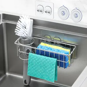 3-In-1 Sponge Holder for Kitchen Sink with Suction Cups & Adhesive Hook , In-sink Sponge Holder, Wall  Sink  Organizer Rack - Sponge, Dish Cloth, Brush,  - 304 Stainless Steel