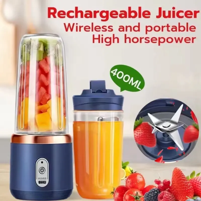 Multifunction 2 Cups Portable Fruit Juicer Blender 6 Blade Juice Mixer Mini Ice Blender USB Charging Wireless Juice Extractor