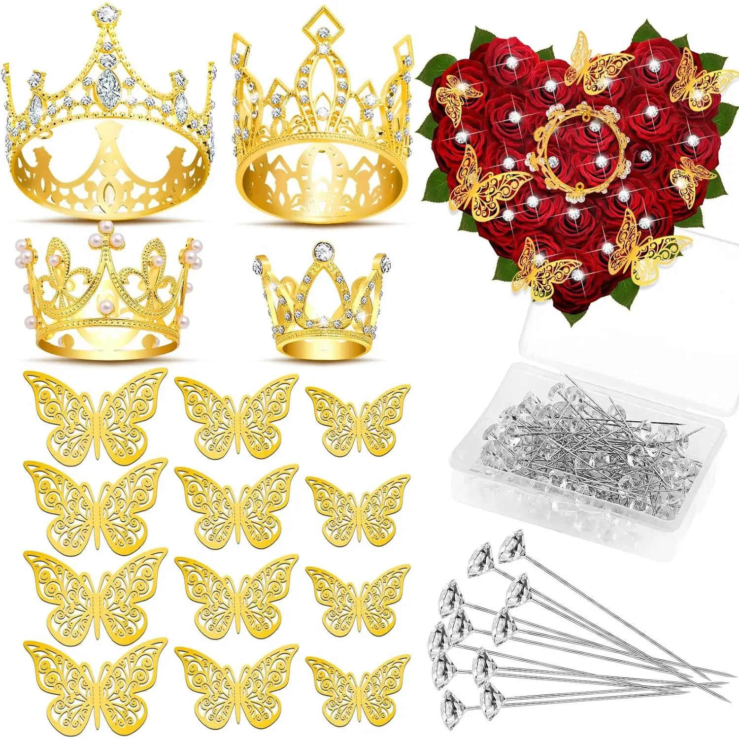 Crowns for Flower Bouquets, Flower Bouquet Accessories Including 4 count Bouquet Crown, 12 count Butterfly Decorations and 50 count Flower Pins for Birthday Wedding  Shower