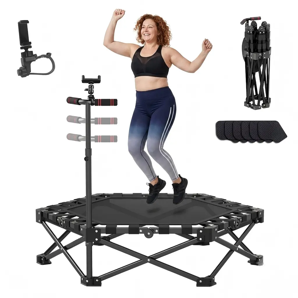 42" Foldable Mini Rebounder Trampoline - 1-Step Fold & Open, 440lbs Max Load, Adjustable T-Bar, Indoor-Outdoor Fitness Workout Equipment for Adults & Kids