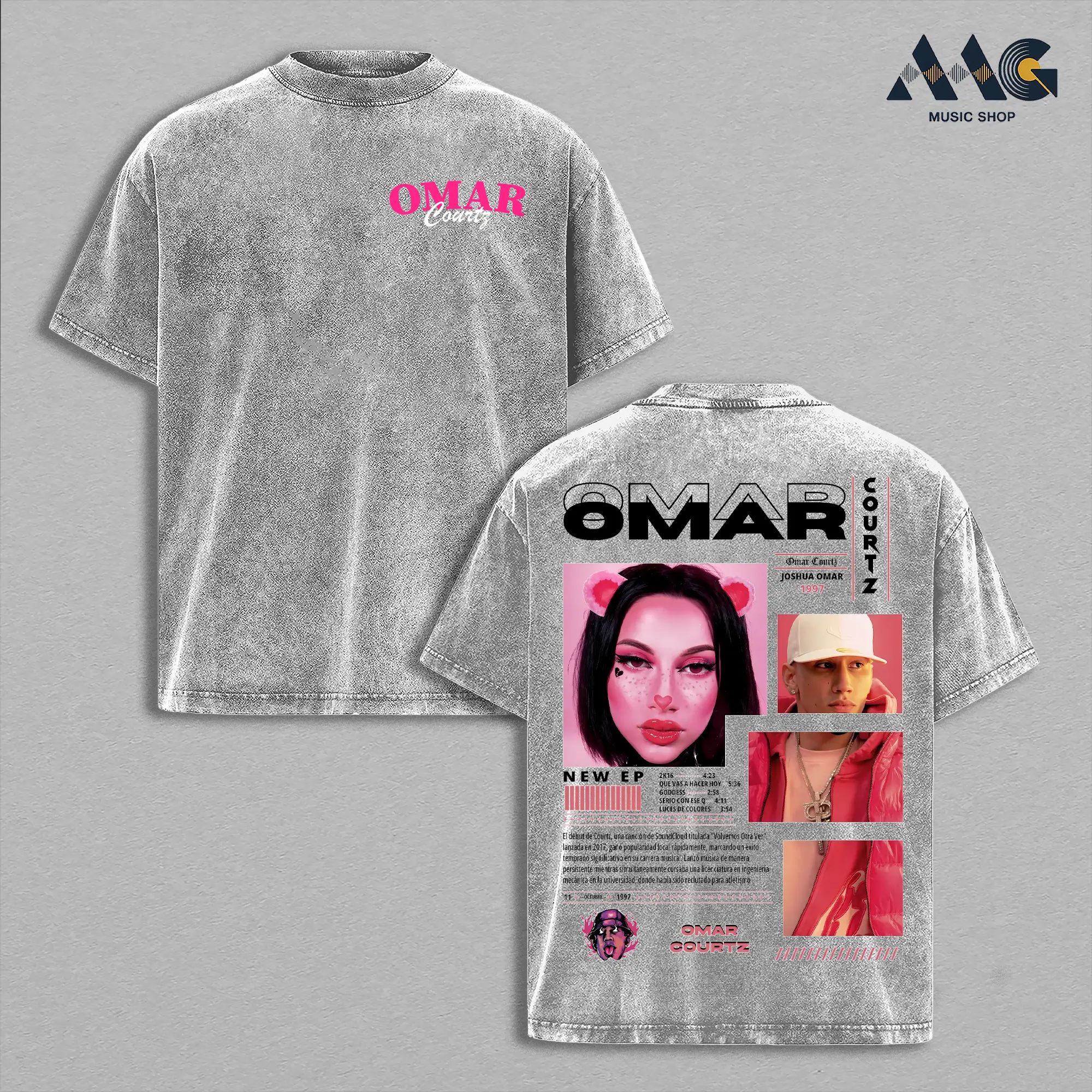 Omar Courtz Shirt – Omar Courtz Vintage Acid Washed Oversized Graphic T Shirt, Latin Trap Artist Streetwear Pink Aesthetic, Retro Collage Double Sided Print, Soft Heavyweight Cotton Unisex Tee, Music Merch Gift for Fans
