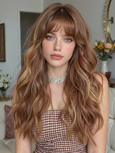 Wig, 24 Inch High Temperature Fiber, Long Curly Bangs, Loose Wave Wigs, Deep Wavy Wigs, Daily Fashion Suitable for Any Occasion, All Seasons, Heat Resistant Wigs