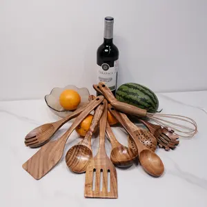9pcs Cooking Utensil Set, Kitchen Utensils, Curved Square Spatula, Wooden Spatulas, Soup Spoon, Salad Fork, Stirring Spoon, Noodle Fork, Egg Beater, Natural Wood, Durable Kitchenware, Heat Resistant, Wooden Cooking Tools