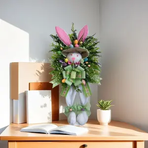 Vintage Easter Bunny Wreath Ornament, Door Hanging Decor, Plastic Easter Rabbit Statue, Cartoon Theme, Spring Decoration, No Power Needed