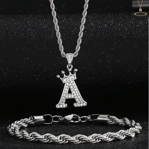 Initial Crown Twisted Chain Necklace Bracelet Set for Men and Women Daily Wear Jewelry
