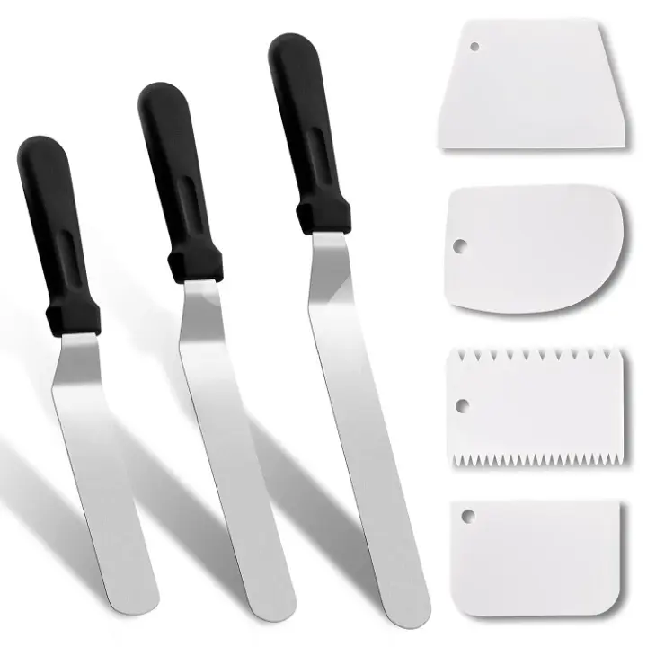 Icing Spatula, 3 Pieces Professional Angled Offset Frosting Spatulas With 6", 8", 10" Stainless Steel Blades & 4 Pack Cake Smoother Scraper For Cake Decorating, Baking & Pastry (Set Of 7)
