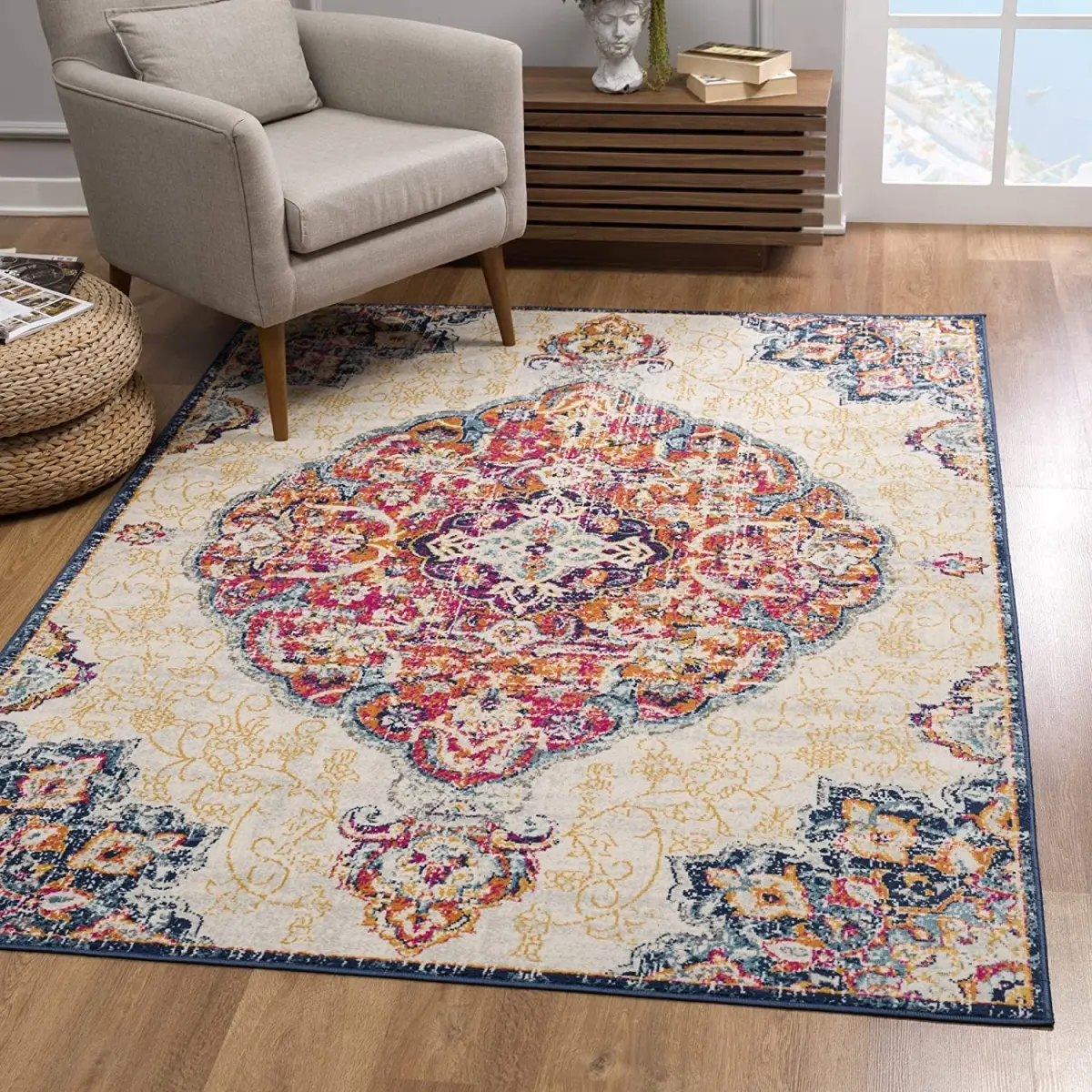 360 stand Cream 2x4 ft. Medallion Motif Area Rug, Stain-Proof Low Pile Home Decor Rugs, Traditional Regal Vibes Soft Furnishings Carpet