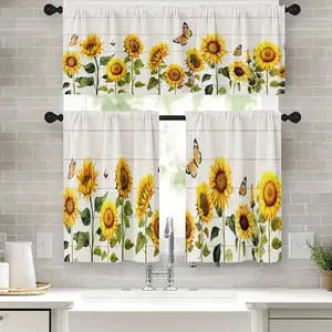 SoftHaven Home Made in USA 3 Piece Sunflower Kitchen Curtain Valance & Tier Set, Spring Butterfly Summer Design, 100% Polyester, Rod Pocket, Light-Filtering Window Decor, Perfect for Living Room & Bedroom Home Decoration