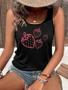 Cute Strawberry Line Art Tank Top | Casual Summer Sleeveless Tee