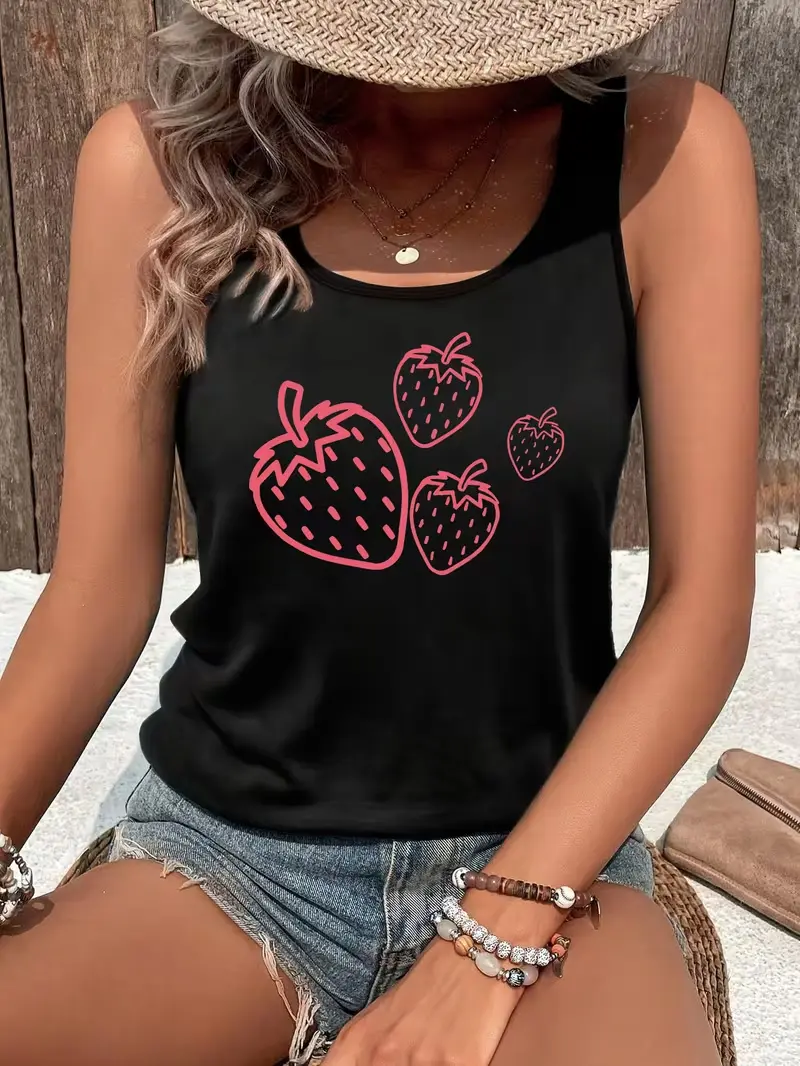 Women's Cute Strawberry Line Art Crew Neck Tank Top, Lightweight Lady's Casual Summer Sleeveless Tee for Beach