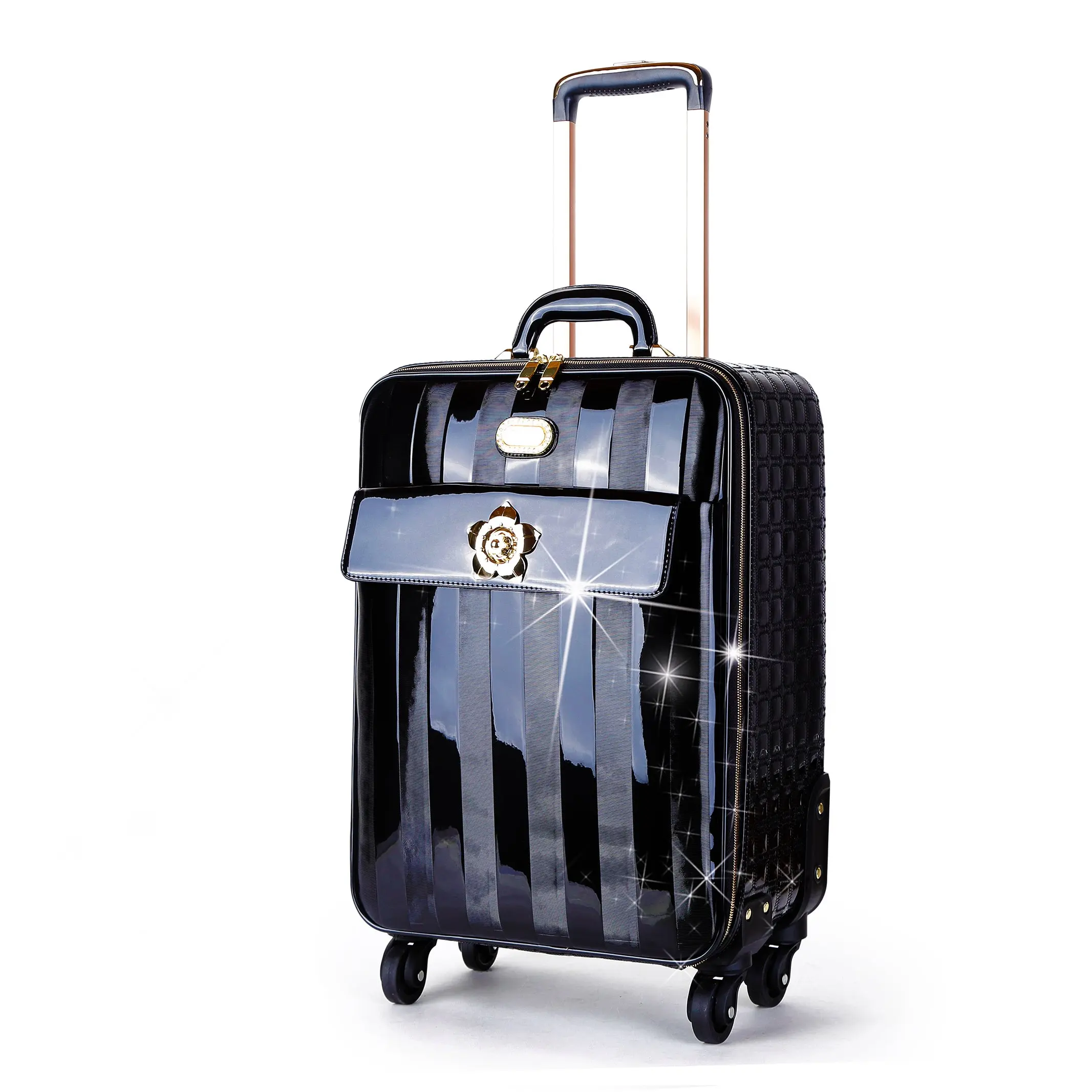 BRANGIO ITALY Women's Carry-On Luggage, Fashion-Forward Patent Look Spinner with Floral Accents, Lightweight with 360° Spinning Wheels & Telescoping Handle, Business Trip, Textured Side, Luxury, Airport Fit Ideas