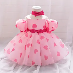 Black Pink Bow Anniversary Baby Girls Clothes Heart Print 188 Infant Birthday Cocktail Dress Toddler Pageant Newborn Ball Gown Princess Baptism Frock 6M-3Y
