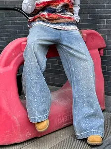 Men's Casual Denim Jeans, Heavy Craft Jeans, Letter Embroidery Rhinestone Design, High Waist Fitted Fashion Comfortable Men's Jeans Pants