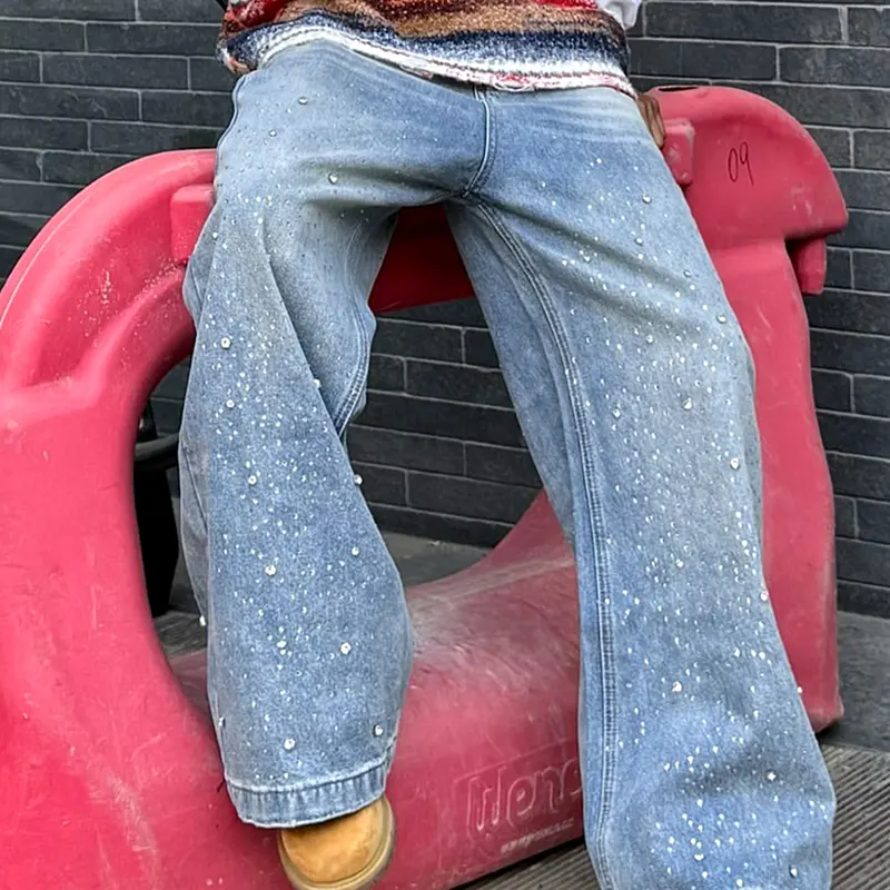 Men's Casual Classic Denim Button Fly Jeans, Heavy Craft Jeans, Letter Embroidery Rhinestone Design, High Waist Fitted Fashion Comfortable Men's Jeans Pants, Menswear