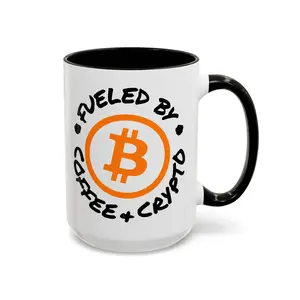 Fueled by Coffee + Crypto Mug 15oz Ceramic Tumbler Glossy Aesthetic Reusable Washable Printed Coffee Cup for Crypto Lovers & Traders Reuse