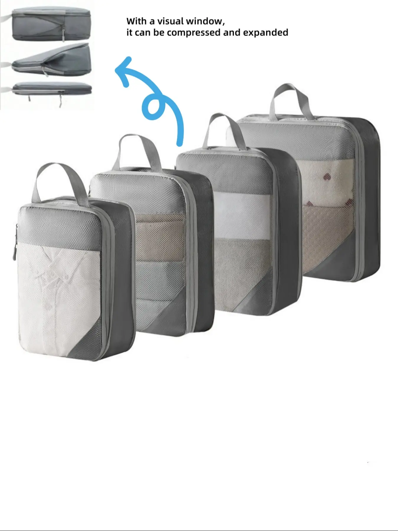 4-Piece Expandable Compression Lightweight Packing Cubes Set, Space-Saving Travel Organizer Bags with Mesh Window, Ideal for Luggage Organization, Travel Accessories, Travel Organization Pouch