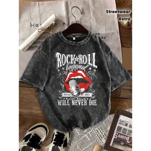 Fashion Retro Snowflake Washed Craft Lip Letter Print T-Shirt | Versatile and Essential for Streetwear, Suitable for Spring/Summer/Fall