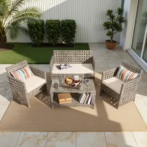 ALTRIGUS 4 Pieces Patio Furniture Set All Weather Waterproof Fabric Outdoor Conversation Set, with Glass Coffee Table, Loveseat, 2 Single Chairs for Home, Garden, Lawn, Porch