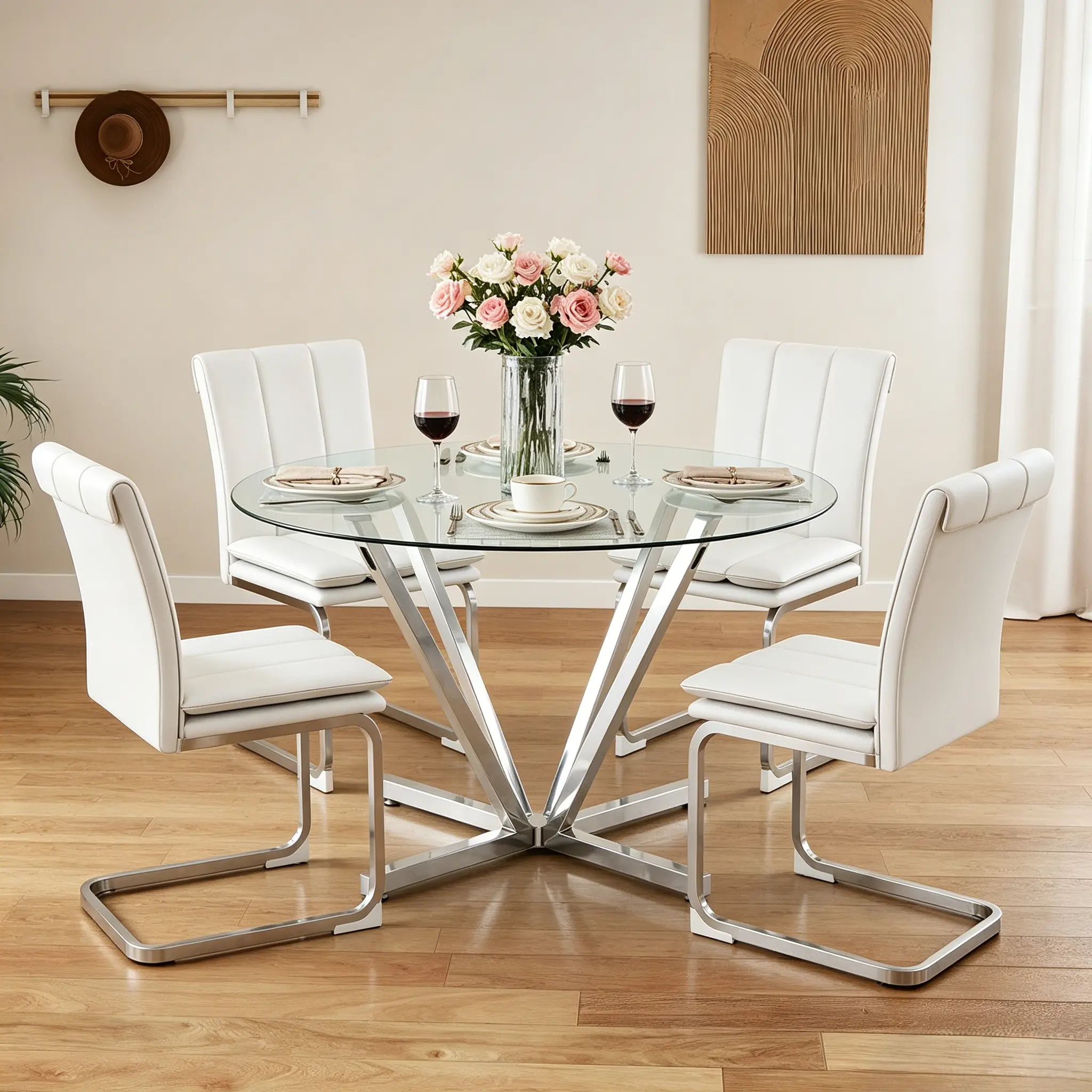 45.27 inch Round Glass Dining Table for 4-6,Modern Silver Kitchen Table with 0.32" Thick Tempered Glass Top&Metal Legs&Adjustable Feets,Easy Assembly Dinner Table Support 320 lbs for Dining Room,Apartment Furniture （Only Table）