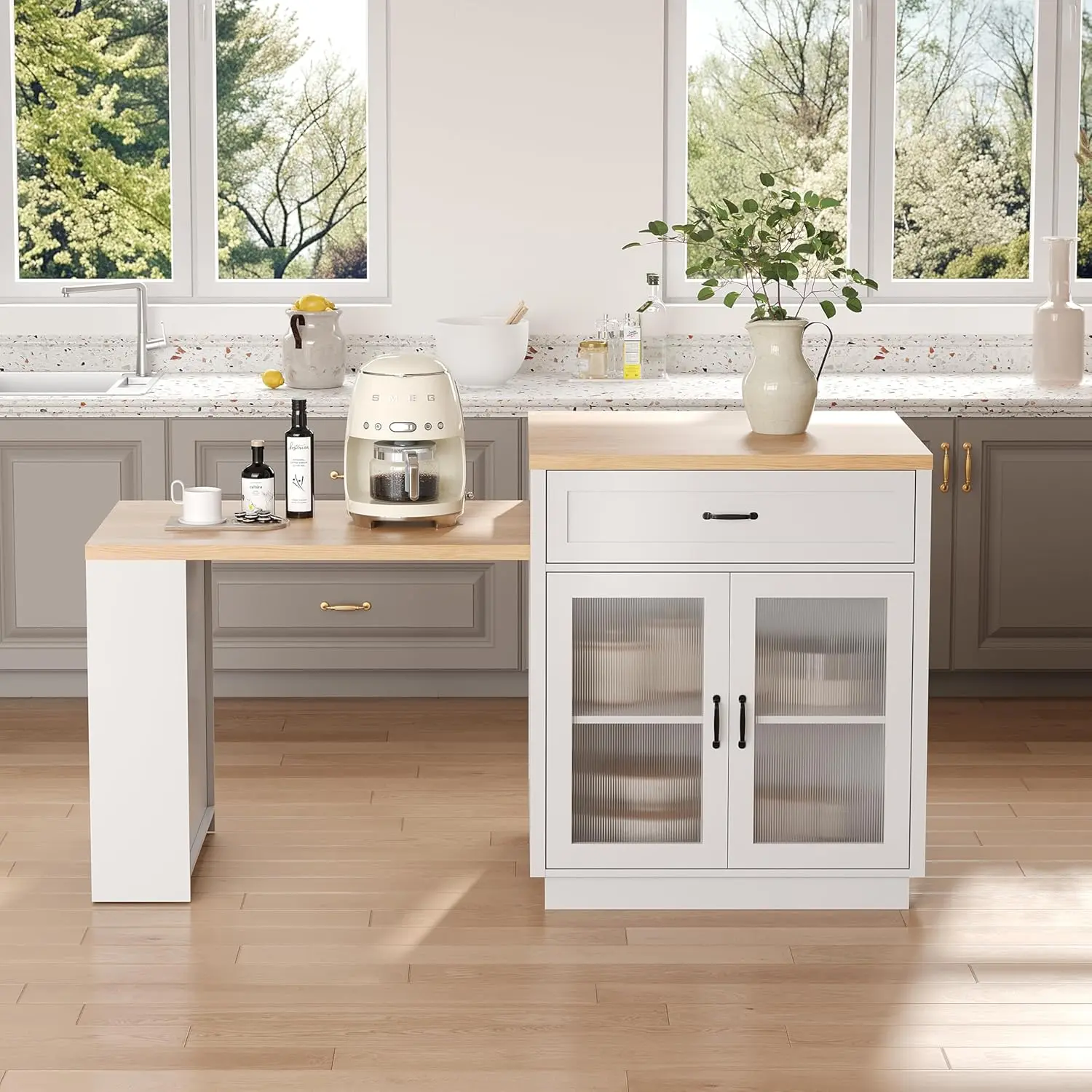 73 Inch Rolling Kitchen Island Cabinet with Extendable Table for 2‑6 People, Mobile Storage Cart with Drawer & Built‑in Power Outlet