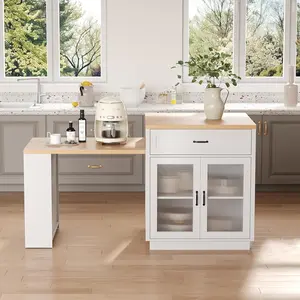 73 Inch Rolling Kitchen Island Cabinet with Extendable Table for 2‑6 People, Mobile Storage Cart with Drawer & Built‑in Power Outlet