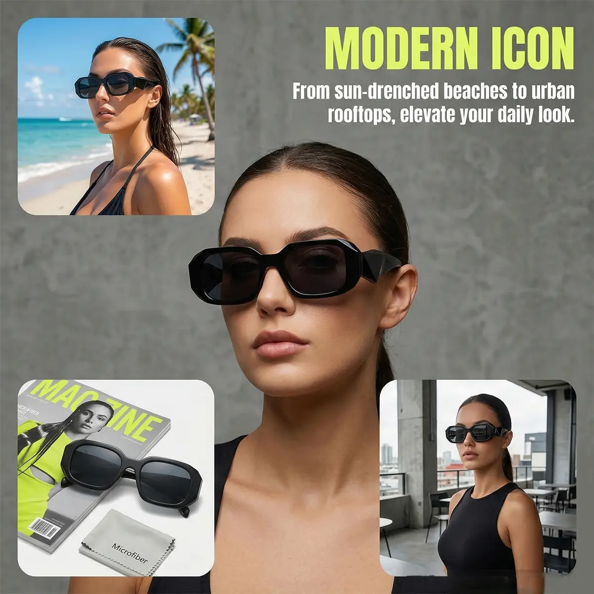 Retro Rectangle Sunglasses with UV400 Protection Microfiber Pouch Retro Rectangular Sunglasses for Women Men Vintage Fashion  main image 2