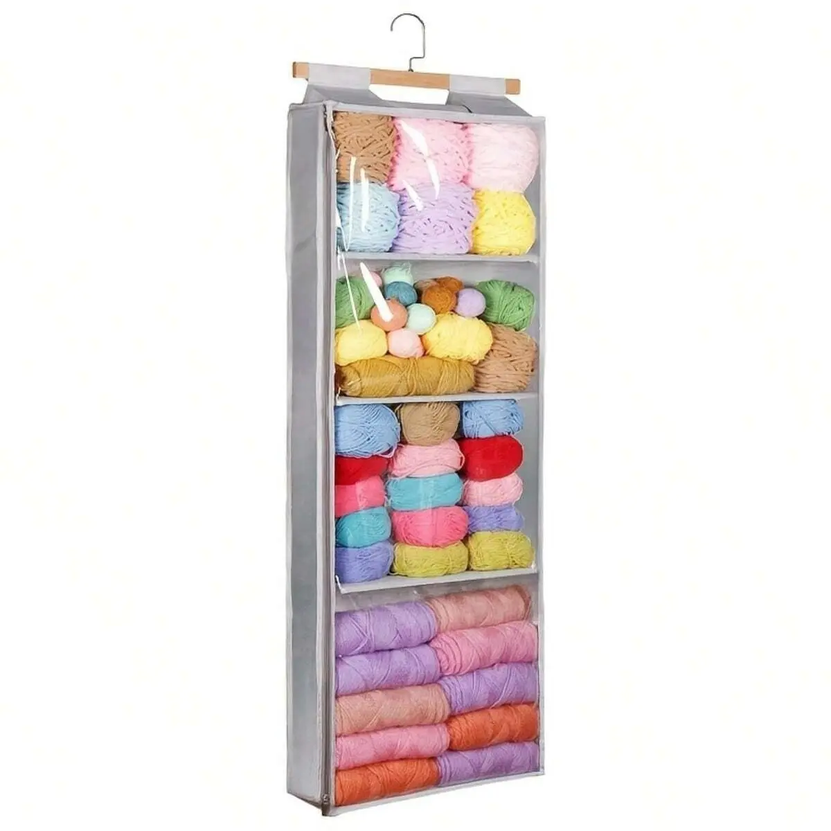 A Hanging Yarn Storage Bag, Craft Organizer, Clear storage organizer, with 4 Large Pockets, Transparent Storage Box, Zipper Design, For Crochet Enthusiasts, Includes Hanging Yarn Rack with Hooks for Door, Storing Knitting Needles