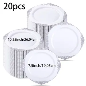 20pcs Silver Color Vintage Plastic Plates Set, Heat Resistant Reusable Design, Includes 10.25'' & 7.5'' Sizes, Perfect for Parties