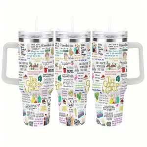 The Golden Girls Tumbler, 40oz Stainless Steel Travel Cup with Handle and Straw, Classic 80s Sitcom Themed Drinkware, Vintage Golden Girls Quote Collage Design, Iconic "Thank You For Being A Friend" and "Stay Golden" Print