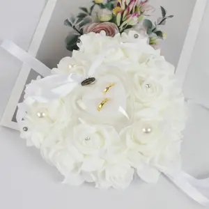 Heart Shaped Ring Holder Pillow Lace Cushion Wedding Anniversary Gift Decorative Rose Decor Artificial Fake Flowers