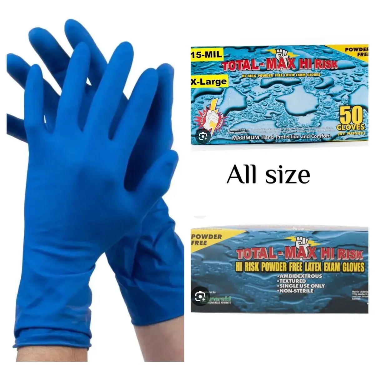 Emerald Total MAX 4600 High Risk Latex Gloves 1 Box of 50 Disposable 15 Mil Heavy Duty Non-Sterile Cleaning Use Only Blue