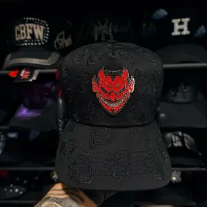 Chuky Hats Black and Red with Devil Design and Embroidered Roses