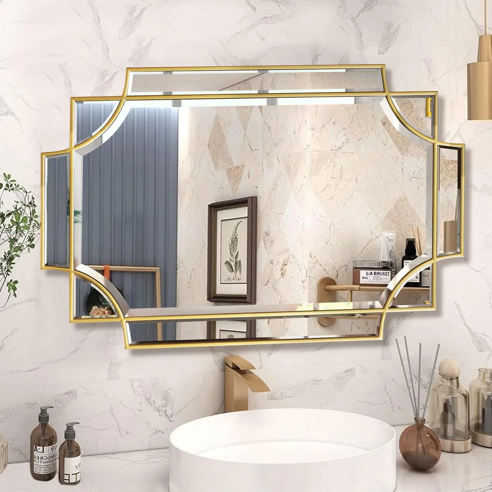 Jesantab Gold Bathroom Mirror for Wall, 30"x40" Rectangle Vanity Mirror, Modern Wall Decor Mirror for Entryway, Living Room, Bedroom (Horizontal/Vertical)