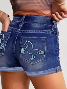 Retro Flying Mustang embroidered style denim shorts - High-waisted stretch casual denim shorts for women plus size clothing-premium denim-crop jeans-jeanshorts for summer-high waisted everything-hem jean short-cutoff shorts-curvy pants-high-waisted jean