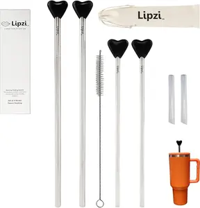 LIPZI Anti Wrinkle Straw Set - Stainless-Steel Reusable Straws with Cleaning Brush - Eco-Friendly vs Plastic - Fits 40oz Tumblers Like Stanley - 4 Straws Total