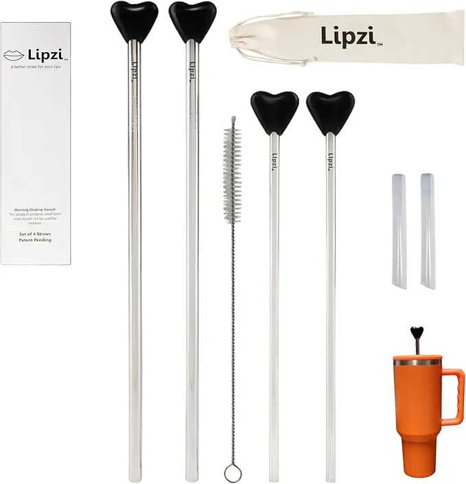 LIPZI Anti Wrinkle Straw Set - Stainless-Steel Reusable Straws with Cleaning Brush - Eco-Friendly vs Plastic - Fits 40oz Tumblers Like Stanley - 4 Straws Total