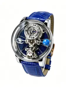 Men's Quartz Watch with Creative Fashion Leather Strap, Casual Analog Round Face, Stainless Steel Case, Mechanical Movement, Spring & Fall, Skeleton Watches