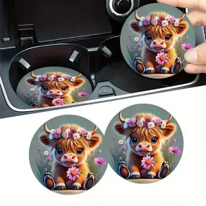 2pcs Adorable Highland Cow & Floral  Car Coasters - 2.75" Non-Slip, Durable & High Quality Drink Coasters for Vehicles, Ideal Gift for Men & Women, Vehicle Hygiene Accessory, Car Interior Accessory|Floral Coaster Design Car Interior Decor