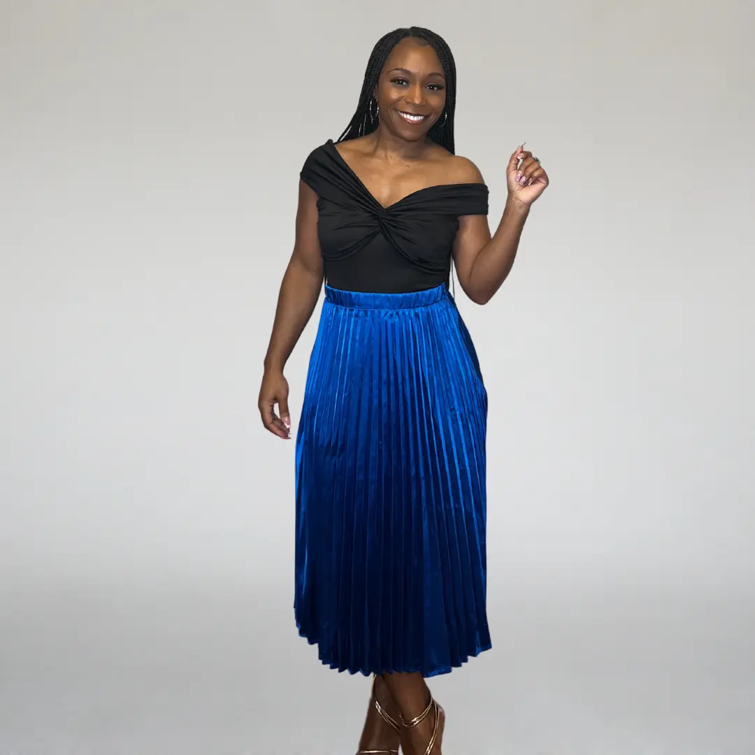 Blue Petal Pleated Midi Skirt - Petite-Friendly, High-Rise Elastic Waistline, Easy Side Zipper, Woven Lightweight Fabric, Perfect for Spring & Summer, Casual Chic to Boardroom Boss Style