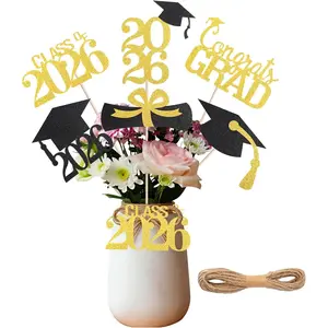 Graduation Decorations 2026, 24 count Black and  Graduation Centerpieces for Tables with 32.8ft Twine, Class of 2026 Double-Sided Table Toppers with Sticks for Grad Party, Vases and Cake Toppers