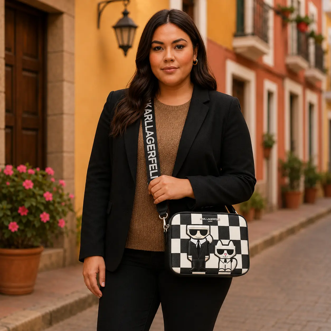 KARL LAGERFELD PARIS Maybelle Camera  Crossbody Bag Black White Check Combo NWT