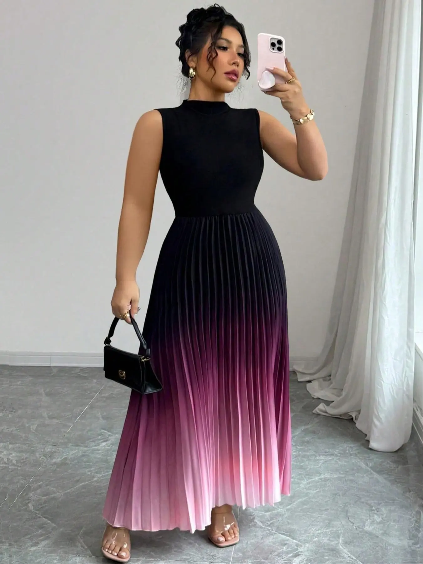 Elegant Gradual Pleated Sleeveless Fitted Bodycon Dress, Gradient, Stylish Women's Fashion, Formal, Date Night Dress, Perfect for Parties and Special Occasions, Evening Formal Wear, Dresses For Party