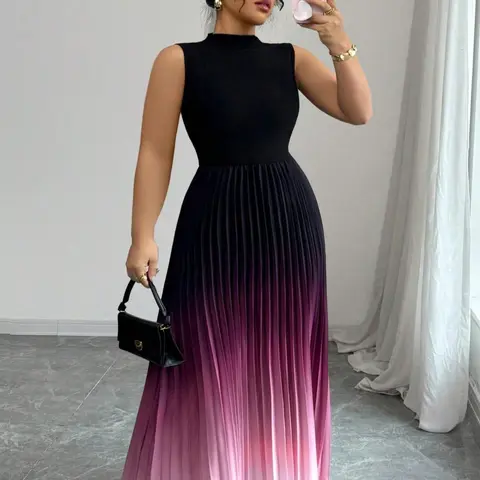 Elegant Ombre Pattern Pleated Sleeveless Dress, Women's Formal Evening Wear, Ideal for Date Night, Parties and Special Occasions