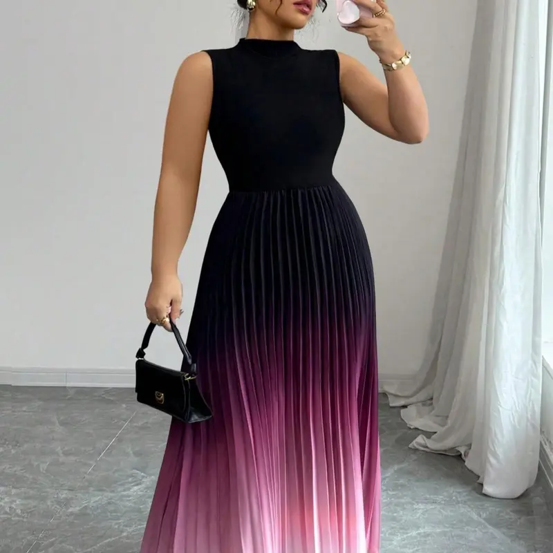 Elegant Ombre Pattern Pleated Sleeveless Dress, Women's Formal Evening Wear, Ideal for Date Night, Parties and Special Occasions