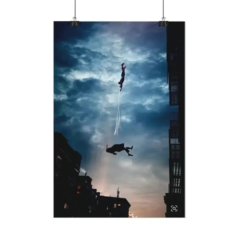 [NO FRAME] Spidey Rescue Poster, Dark Urban Sky Action Wall Art, Superhero Inspired Room Decor Print