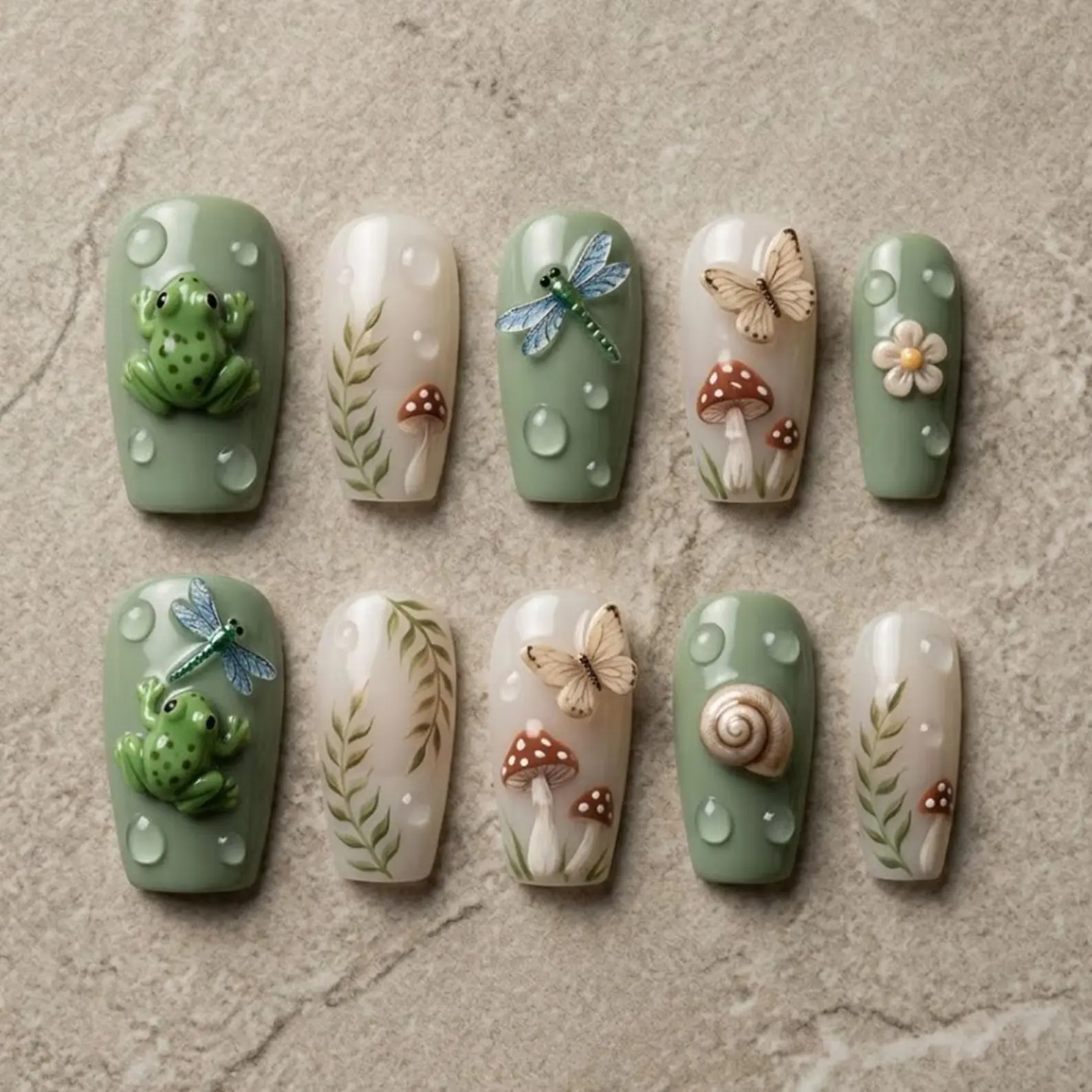 Handmade 3D Frog Mushroom Press On Nails, Cottagecore Snail Fake Nails, Sage Green Water Drop Gel