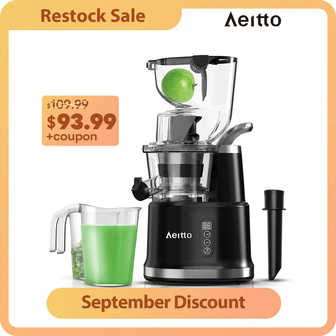 Aeitto Cold Press Juicer, Whole Vertical Juicer, Slow Masticating Juicer Machines, with Big Wide 83mm Chute, Cold Press Juicer for Whole Fruits and Ve